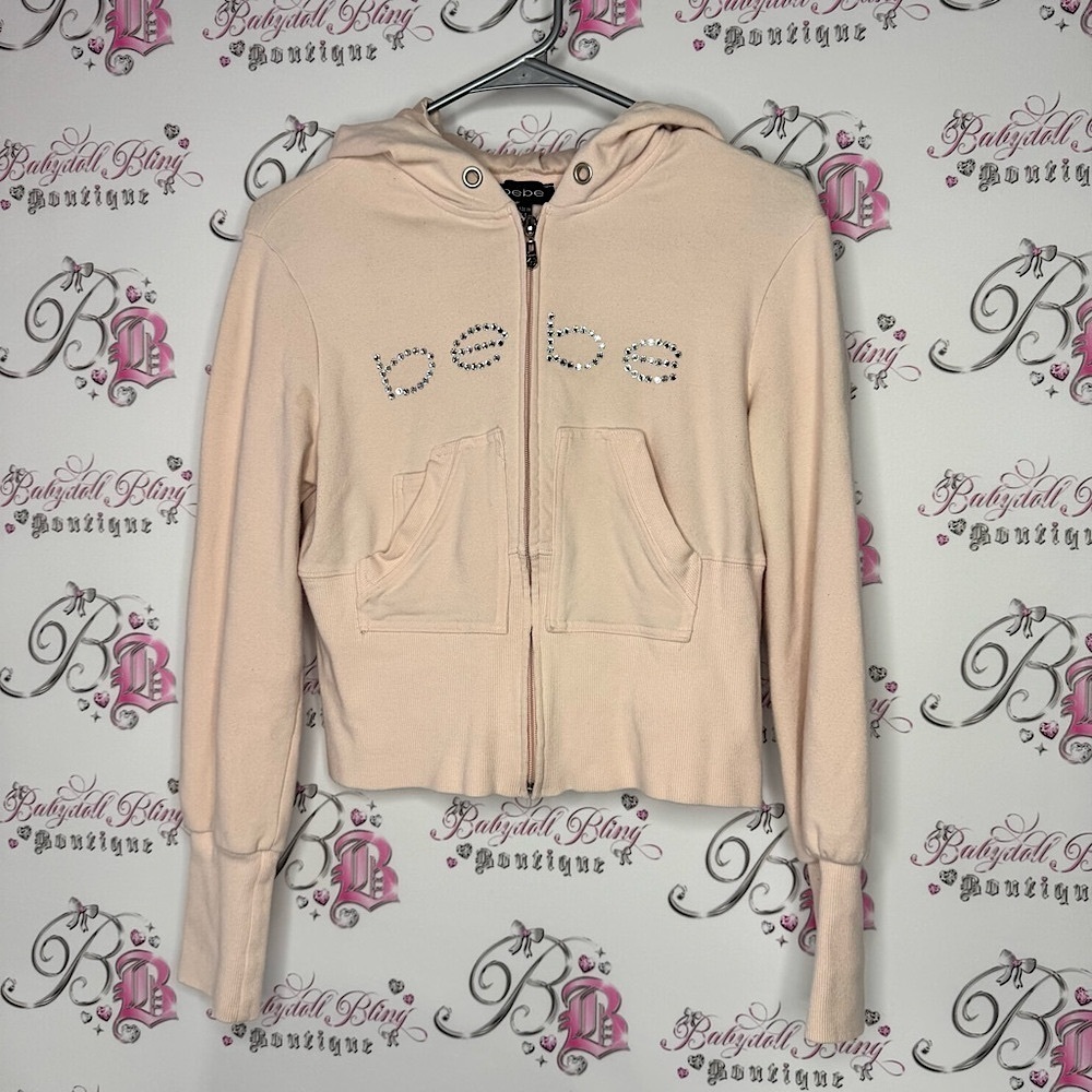 Bebe Pink Hoodie Jacket sweater bling Swarovski crystal cargo style top